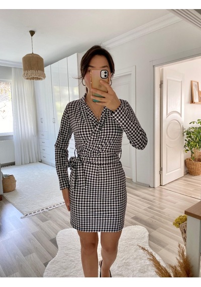 De'charme Kadın Uzun Kollu Kruvaze Yaka Bağlamalı Kemer Dalgıç Mini Boy Elbise Çok Renkli