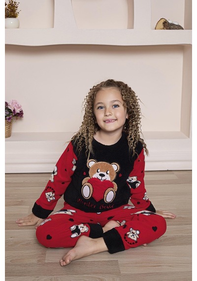 Yeni Sezon Sonbahar / Kış Kız Çocuk Ayıcık Desenli Polar Pijama Takımı 4940 - Siyah
