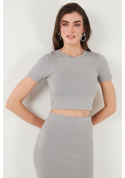 Lela Slim Fit Yırtmaç Detaylı Uzun Etekli Crop Bayan Takım 5866148 Gri