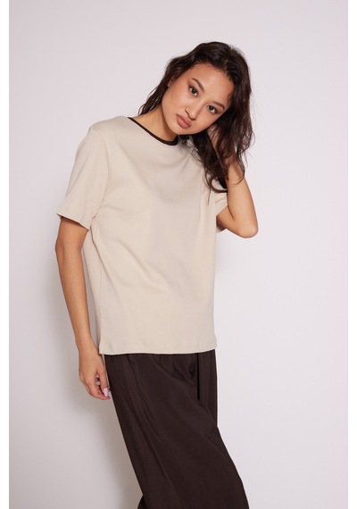 Pamuklu Kısa Kollu Kontrast Bisiklet Yaka T-shirt Bej