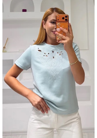 Fiolin Soft Touch Modal Kumaş Nakışlı Lazer Kesim T-shirt Mint Yeşili