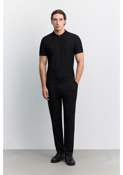 Avva Erkek Siyah Polo Yaka Fermuarlı Kolay Ütülenen Kırışmaz Regular Fit Triko T-shirt A62y5007