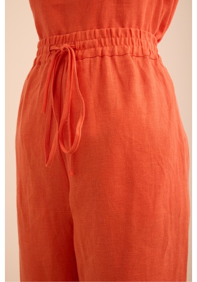 Aker Beli Lastikli Keten Pantolon Mercan Mercan