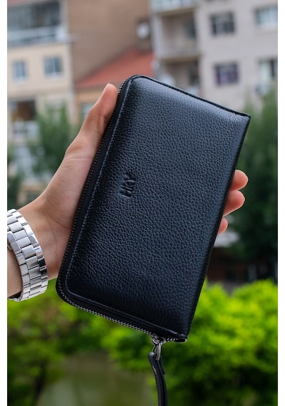 Hky Hakiki Deri Telefon Bölmeli Erkek Portföy Cüzdan Siyah