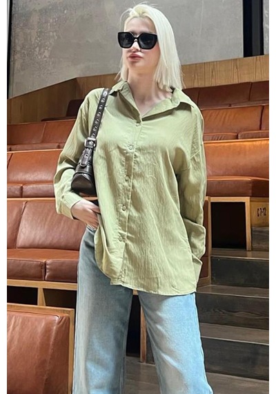 Madmext Haki Uzun Kollu Çizgili Oversize Gömlek Mg2080-haki Haki