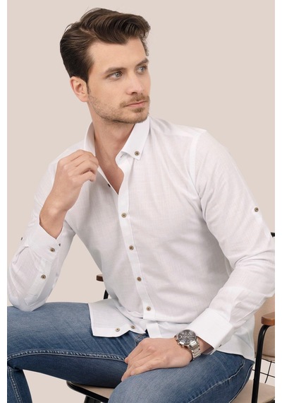 Beyaz Yaka Düğmeli Keten Slimfit Hediye Kutulu Erkek Gömlek Beyaz