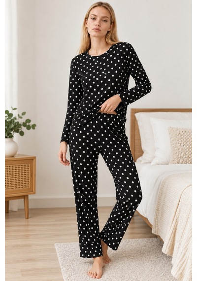 Kadın Desenli İkili Siyah Rahat Pijama Takımı 4814