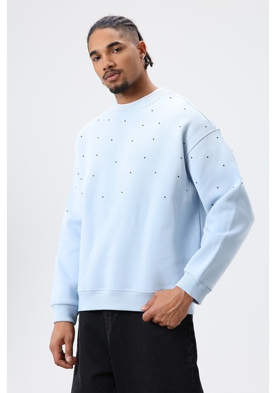 Vamos Yıkamalı Taş Detaylı Oversize Sweatshirt Bebek Mavisi