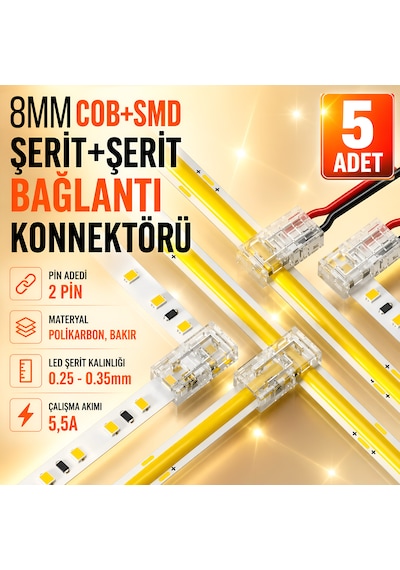 8mm Cob+smd Şerit+kablo T-l Bağlantı Konnektörü 5 Adet