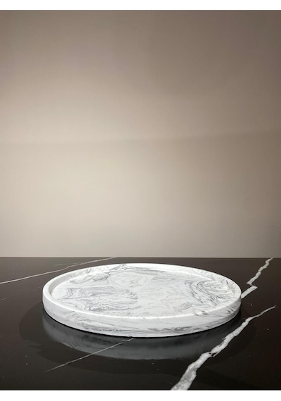 Betonmall Mermer Desenli Sunum Tepsisi Yuvarlak Sunum Tabağı Sunumluk 28 Cm - Gri Beyaz
