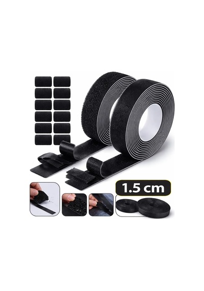 Cırt Bant 1.5 Cm 5 Metre Siyah Hook & Loop Güçlü Tutuculuk Tekstil, Kablo Düzenleme,