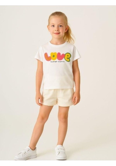 Cicihlid Kız Çocuk Pamuklu Punch İşlemeli Love T-shirt-15890 Ekru