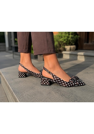 Asmi Shoes Kadın Mina Kahve Saten Puantiyeli Fiyonk Detaylı Arkası Açık 4 Cm Topuklu Ayakkabı