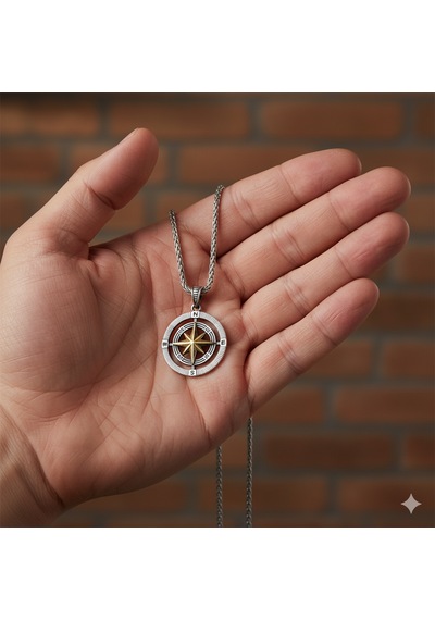925 Ayar Gümüş Çift Taraflı Pusula Kolye Erkek Minimalist Compass Kolye Uzun Zincirli Şık Erkek Takı Hediye