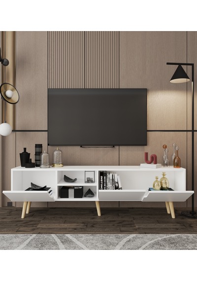 Latina Ahşap Ayaklı Tv Ünitesi Tv Sehpası 180 Cm Beyaz Beyaz