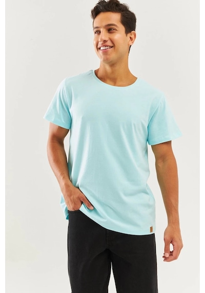 Erkek Oversize Rahat %100 Pamuklu Penye Bisiklet Yaka Kısa Kol Basic T-shirt Buz Mavisi
