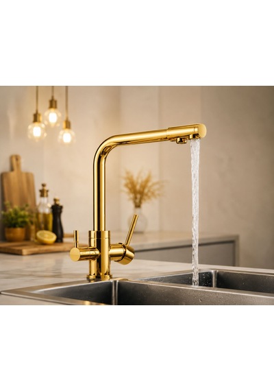 3 Yollu Musluk Su Arıtma Musluğu Gold Üç Yollu Çoklu Musluk Altın Rengi Mutfak Bataryası