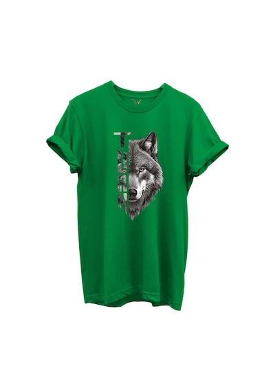Yarı Kurt Yarısı Türk Yazı Tasarım Baskılı %100 Pamuk T-shirt Yeşil