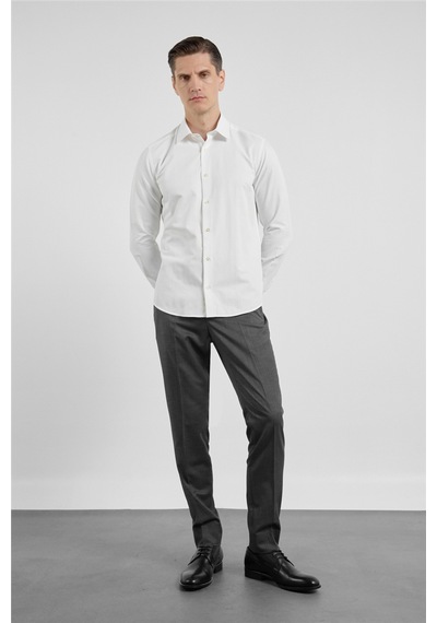 İmza Krem Sert Yaka Uzun Kol Cepsiz Slim Fit Pamuklu Gömlek 1004255913