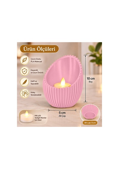 Dekoratif Oluklu Yumurta Formlu Tealight Mumluk Ve Masaüstü Düzenleyici 10x5 Cm - Pembe