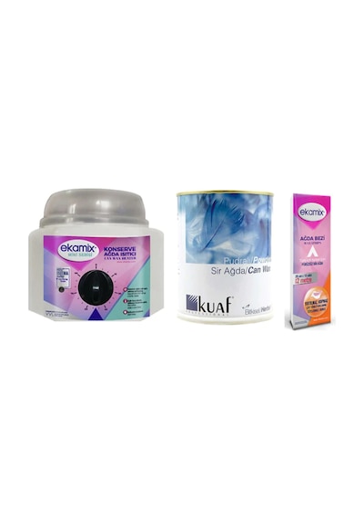 Kuaf Konserve Sir Ağda Pudralı 800 ML + Ekamix Konserve Ağda Isıtıcı + Ağda Bezi
