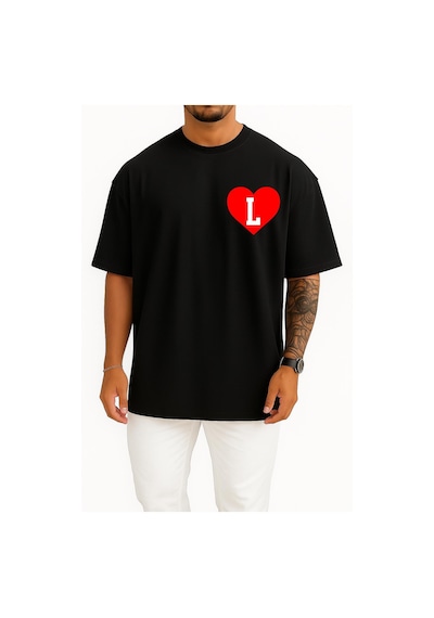 Bahriyeli Collection Oversize Kalp İçinde L Harfi Cep Tasarımlı Unisex T-shirt SIYAH