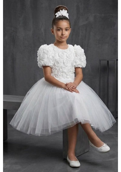 Mnk Baby & Kids Luvia Kısa Kol Kız Tütü Abiye Elbise M00811 Beyaz