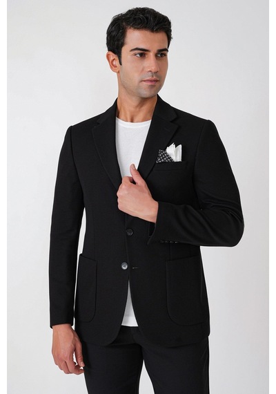 Slim Fit Torba Cepli Esnek Yünlü Siyah Ceket C 745