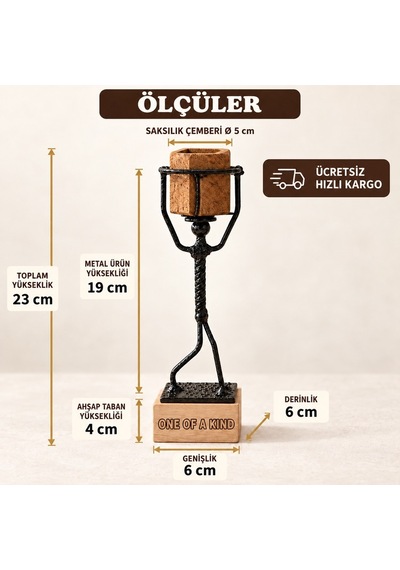 Kişiye Özel Sukulent Saksı Standı – Saksı Taşıyan Metal Heykel ve Ahşap Kaide SPH006