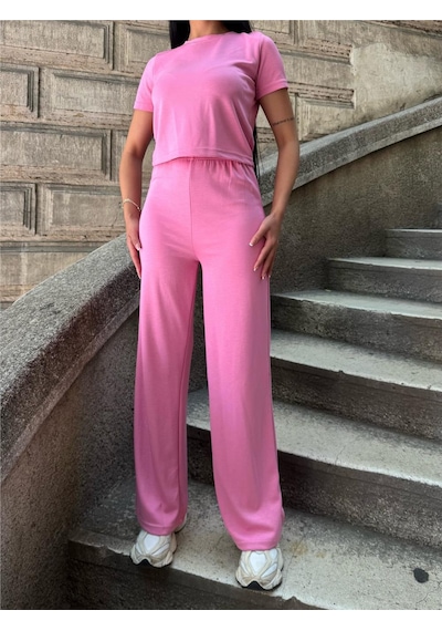 WeShaya Pembe Modal Polyester Palazzo Cepli Takım Pembe
