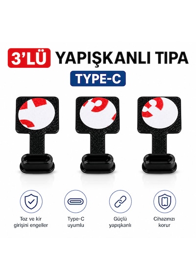 Type-c Uyumlu Şarj Girişi Toz Önleyici Tapa Yapışkanlı Siyah Premium Koruma 3 Adet