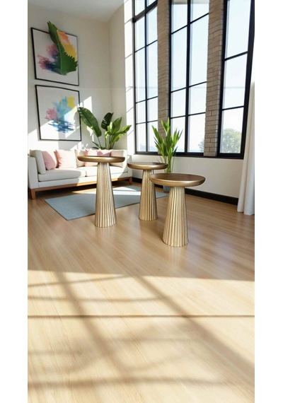 Modern Altın Varak Detaylı Doğal Ahşap Mantar Yan Sehpa 3 Lü Set