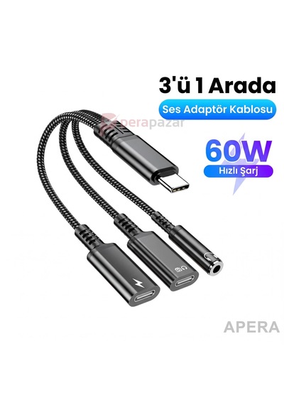 Type-c 3'ü 1 Arada Ses Ve Şarj Adaptörü 60w Hızlı Şarjlı 3.5mm Aux Ve Type-c Kulaklık Girişli Aynı Anda Şarj Ve Müzik Çoğaltıcı Cr96