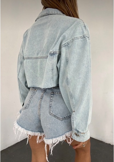 Kadın Mavi Oversize Crop Kot Ceket - Altı Kesik Dikişsiz Tasarım Çift Cepli Buz Mavi