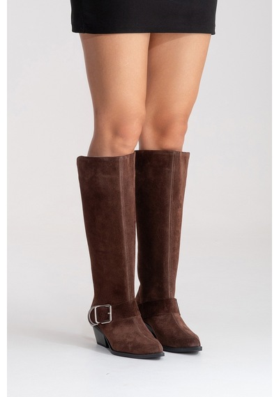Luvishoes Helıos Kahverengi Süet Hakiki Deri Tokalı Kadın Western Çizme Kahverengi
