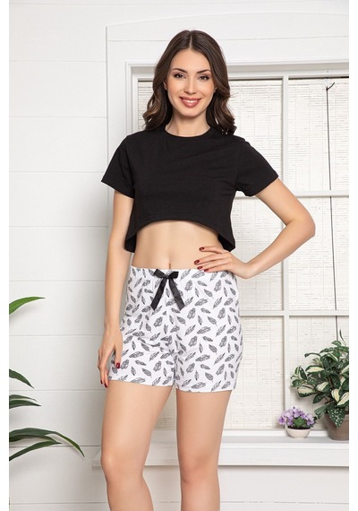 Myben Kadın Siyah Renkli Desenli Kısa Kollu Göbek Üstü Şortlu Pijama Takımı 30136 Siyah
