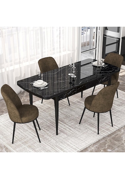 Canisa Concept Kor Serisi, 70x114 Açılabilir Yemek Masası Takımı, Siyah Mermer Desen Masa Ve 4 Kahve Sandalye Masa Siyah Mermer Desenli Sandalyeler Kahve