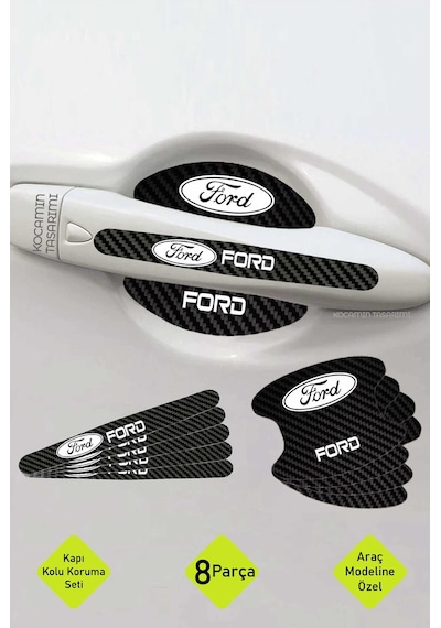 Karbon Kaplama Ford Universal Kapı Kolu Koruma Seti 8 Parça, Şık Beyaz Yazılı Folyo