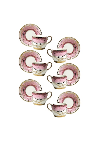 6 Kişilik Lüks Porselen Pembe Ton Altın Yaldızlı Kahve Fincan Seti - 100 Ml Diğer