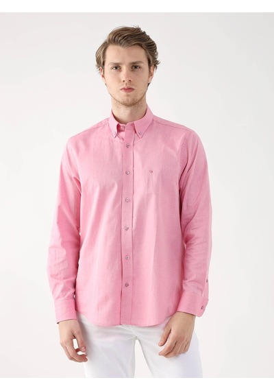 Dufy Pembe Erkek Regular Fit Brent Düğmeli Yaka Uzun Kol Gömlek - 94867 Pembe