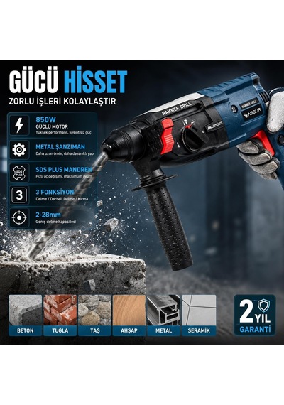 Tr 850w Sds Plus Kırıcı Delici Matkap Metal Şanzıman 2-28 Mm Delme Kapasitesi 3 Fonksiyonlu Darbeli Hilti B