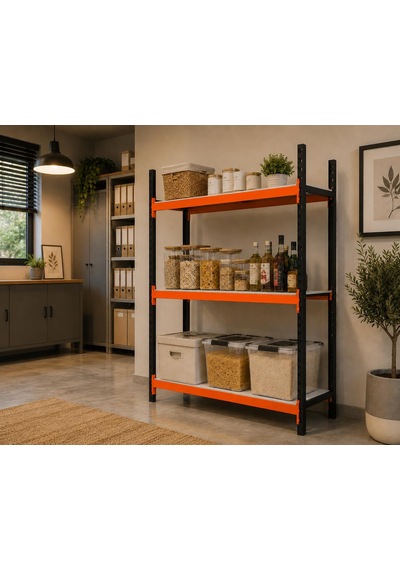 3 Katlı Tekli Midi Rack - Ekonomik Depo, Arşiv, Kiler Rafı Siyah-turuncu-35x120 Cm-150 Cm Çok Renkli