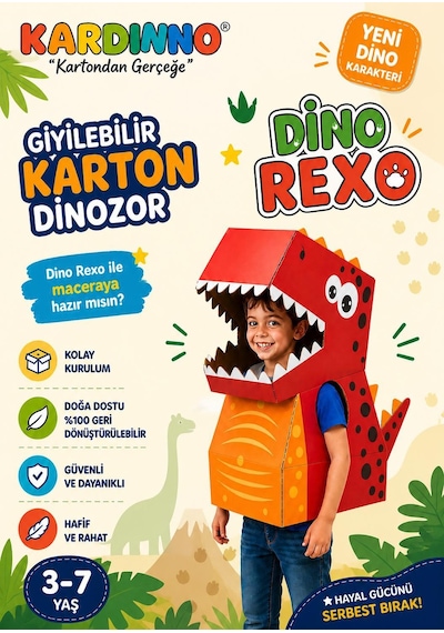 Kardinno Dino Rexo Eğitici Oyuncak Karton Giyilebilir Çocuk Kostümü Etkinlik Parti Kostümü Çok Renli