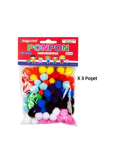 Bigpoint Ponpon 2 Cm 10 Renk / 100'lü Poşet X 3 Poşet
