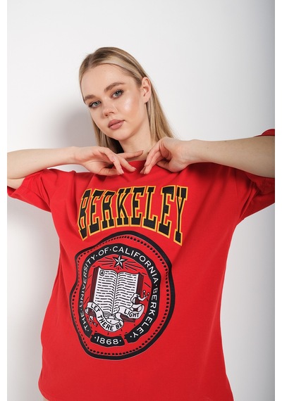Flood Of Style Kadın Oversize Berkeley Baskılı Kırmızı T-shirt