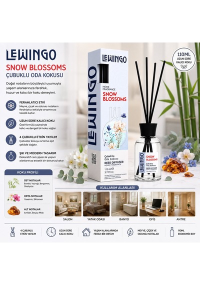 Lewingo Bambu Ortam Kokusu 110ml Cam Şişe Snow Blossoms - 24'li Paket Diğer