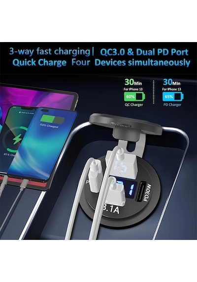 Gaojunshop01 Yükseltilmiş 30w Pd/qc3.0 Hızlı Araç Şarj Cihazı 12-40v Usb-c Çakmaklık Adaptörü Siyah Mavi Işıklı