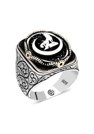 T6488 Gümüş Hilal Bozkurt Oval Erkek Yüzük 20