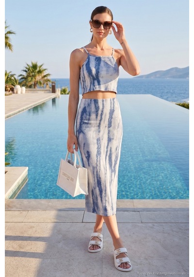 Lela Slim Fit Ip Askılı Yırtmaçlı Midi Alt-Üst Bayan Takım 5869021 Indigo