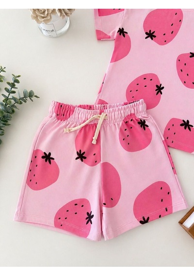 Magu Kız Çocuk Pamuklu Pembe Çilek Desenli T-shirt Şort Takım
